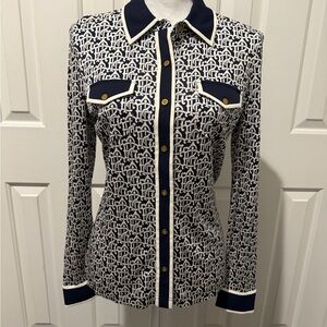 Tory Burch Navy and White Geometric Button Down Shirt